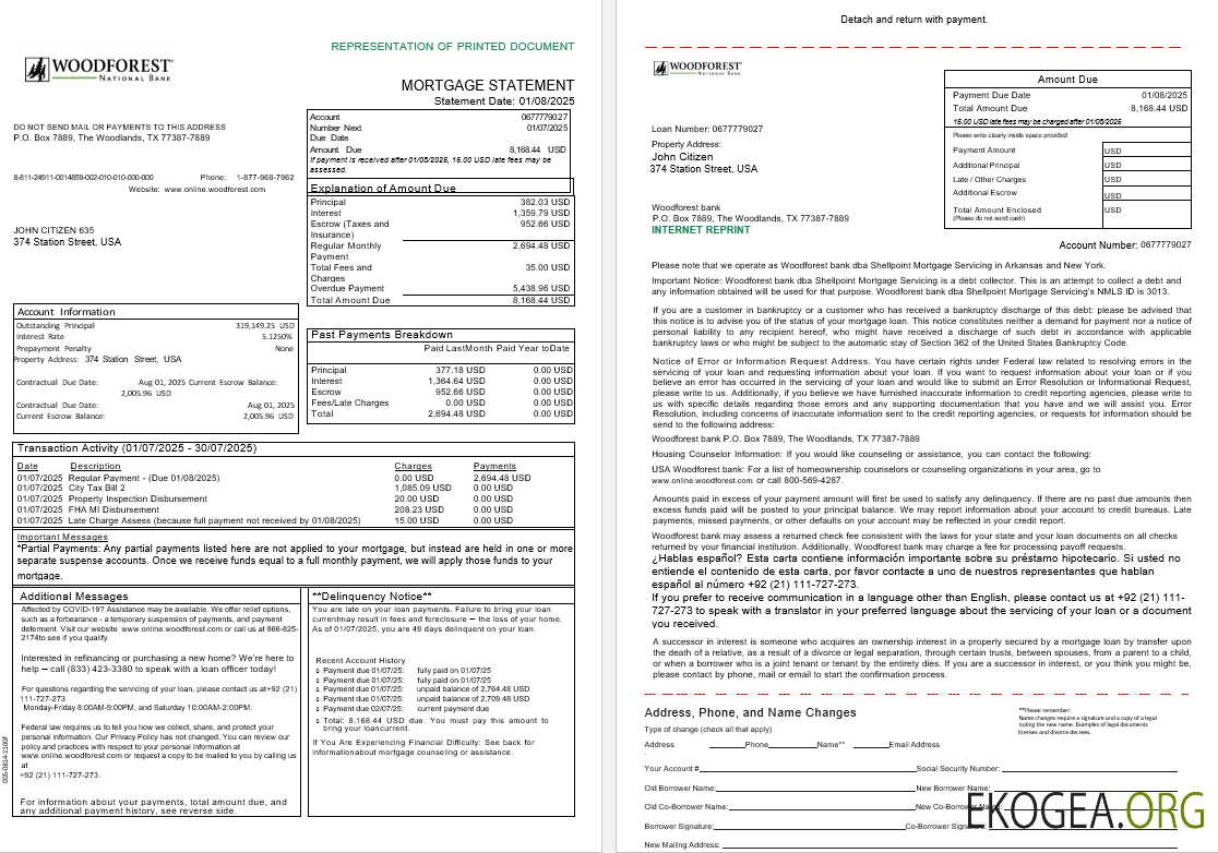 Relevé hypothécaire de la banque USA Woodforest aux formats Word et PDF, 3 pages 1 , 2